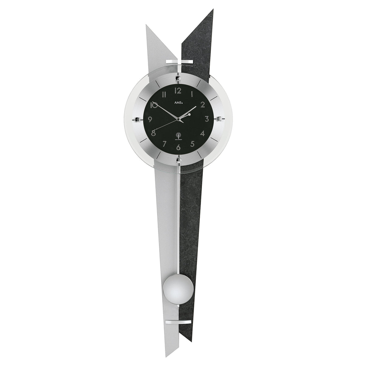 Standuhren.com 🕰️ AMS F5253 Funk-Pendelwanduhr mit Holzrückwand in Schieferoptik und modernen Aluminium-Elementen