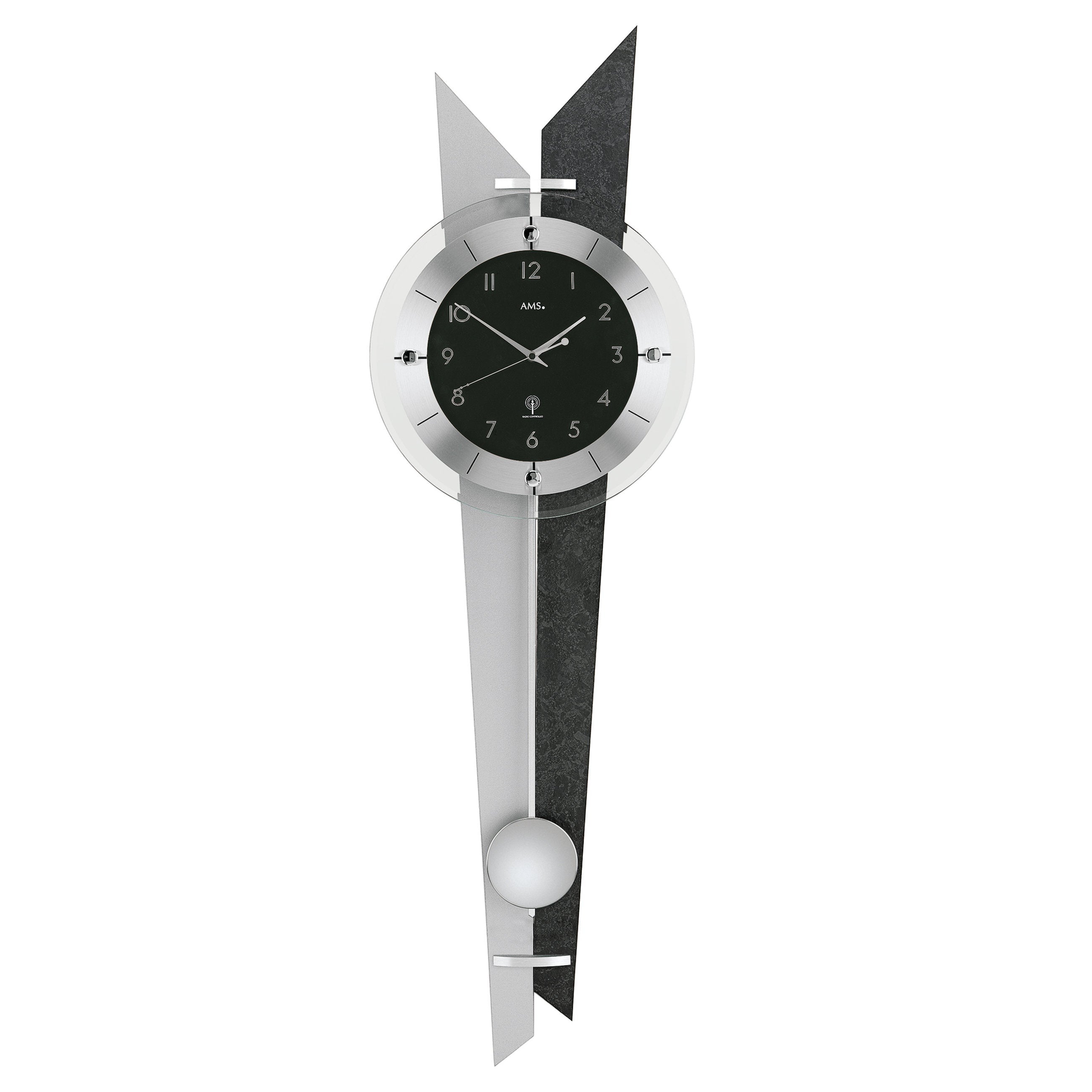 Standuhren.com 🕰️ AMS F5253 Funk-Pendelwanduhr mit Holzrückwand in Schieferoptik und modernen Aluminium-Elementen