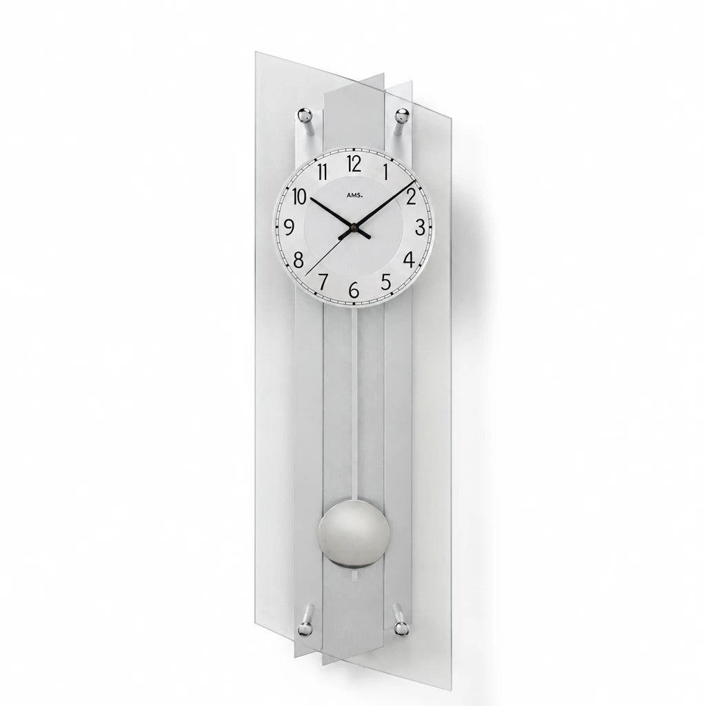 Standuhren.com 🕰️ AMS F5261 moderne Funk-Pendelwanduhr mit silberlackierter Holzrückwand und Mineralglas