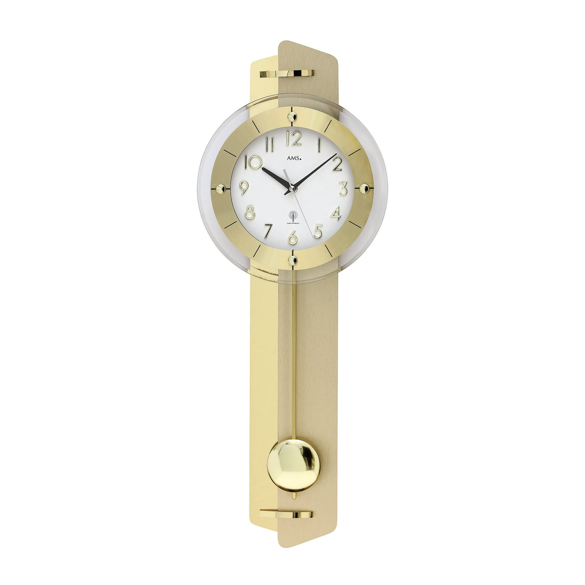 Standuhren.com 🕰️ AMS Funk-Pendelwanduhr mit goldener Messing-Applikation auf Holz und weißem Zifferblatt