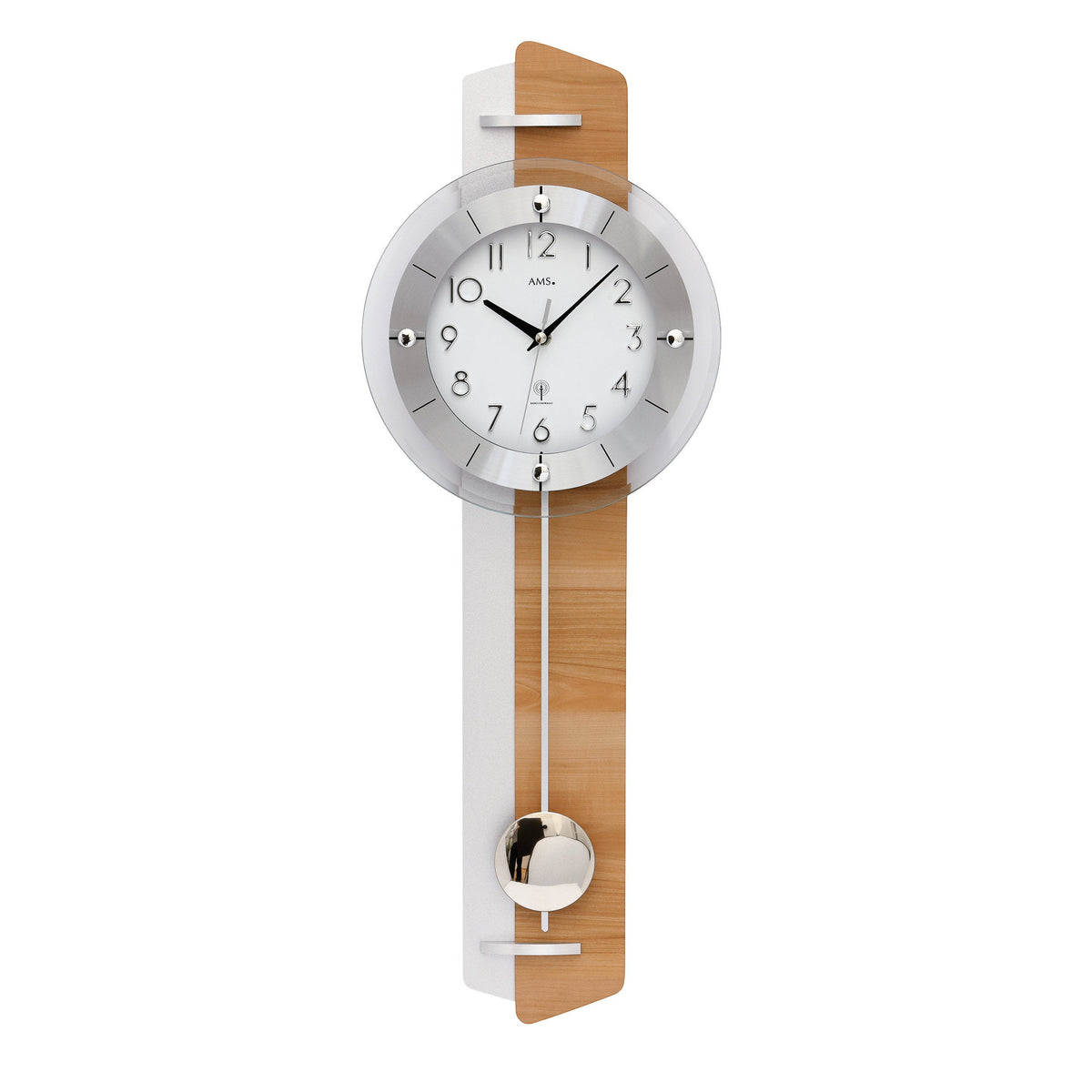 Standuhren.com 🕰️ AMS Funk-Pendelwanduhr aus Kernbuche und Aluminium mit facettiertem Mineralglas