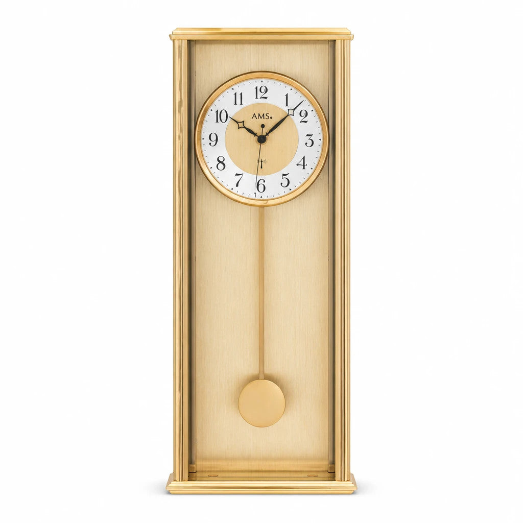Standuhren.com 🕰️ AMS F5281 Pendel-Funkwanduhr in Goldoptik mit Aluminiumgehäuse und weißem Zifferblatt