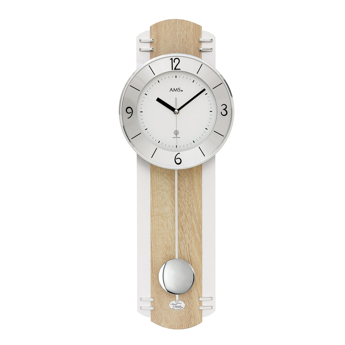 Standuhren.com 🕰️ AMS F5291 Funkwanduhr mit Pendel in heller Sonoma-Holzoptik und modernem Aluminium-Design