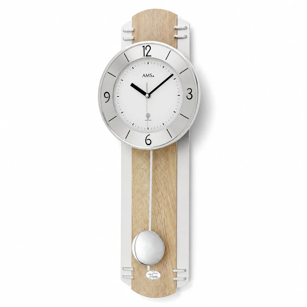Standuhren.com 🕰️ AMS F5291 Funk-Pendelwanduhr in heller Sonoma-Holzoptik mit modernem Aluminium-Design