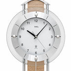 Standuhren.com 🕰️ AMS F5305 Funkwanduhr mit Pendel, Sonoma-Holzeinlage, Metallstäben und weißem Zifferblatt hinter Glas.