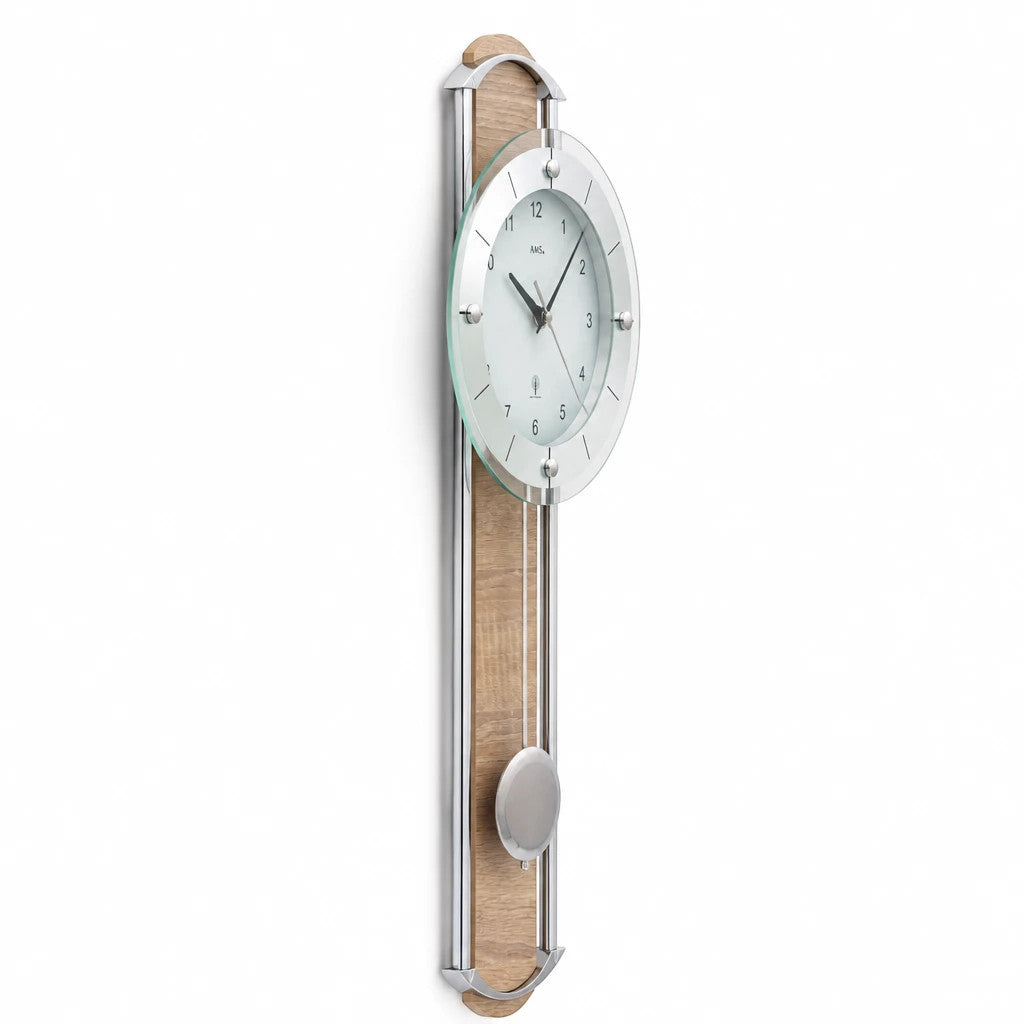 Standuhren.com 🕰️ AMS F5305 Funk-Pendelwanduhr mit Sonoma-Holzeinlage, Metallstäben und facettiertem Mineralglas