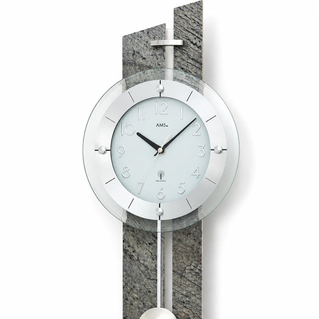 Standuhren.com 🕰️ AMS F5306 Funk-Pendelwanduhr mit grauem Stein, Aluminium und Holzgehäuse in modernem Design