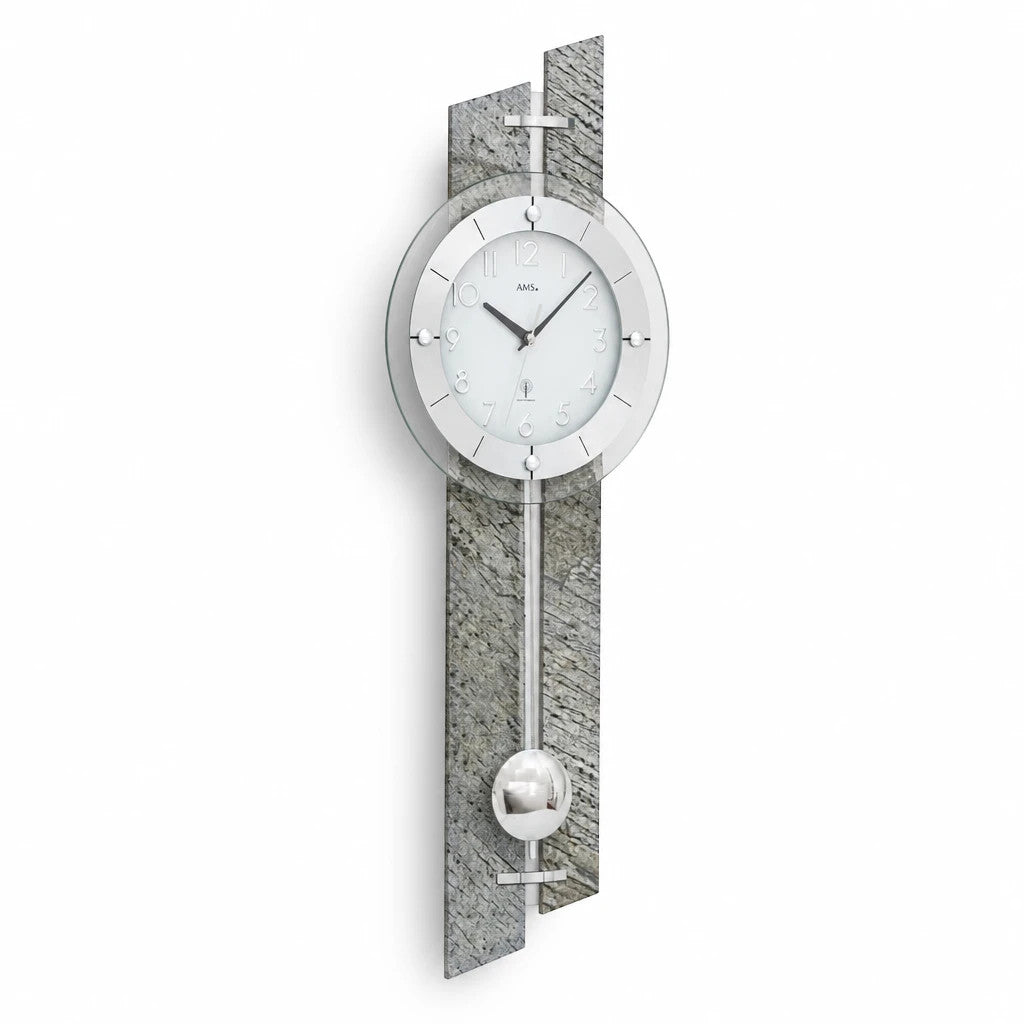 Standuhren.com 🕰️ AMS F5306 Pendel-Funkwanduhr mit grauem Stein-Aluminium-Design und modernem Holzgehäuse