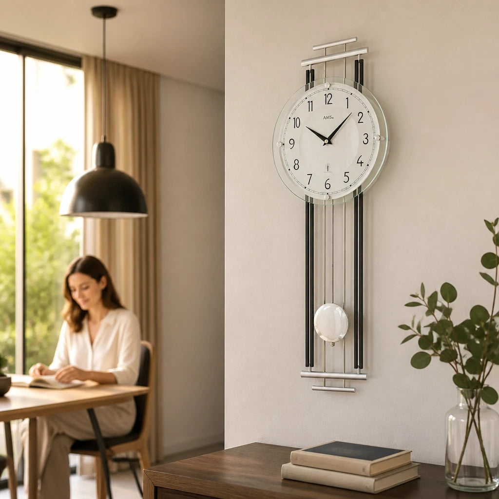 Standuhren.com 🕰️ AMS F5314 Funk-Pendelwanduhr mit modernem Metall-Holz-Gehäuse und Aluminium-Zifferblatt im Wohnraum