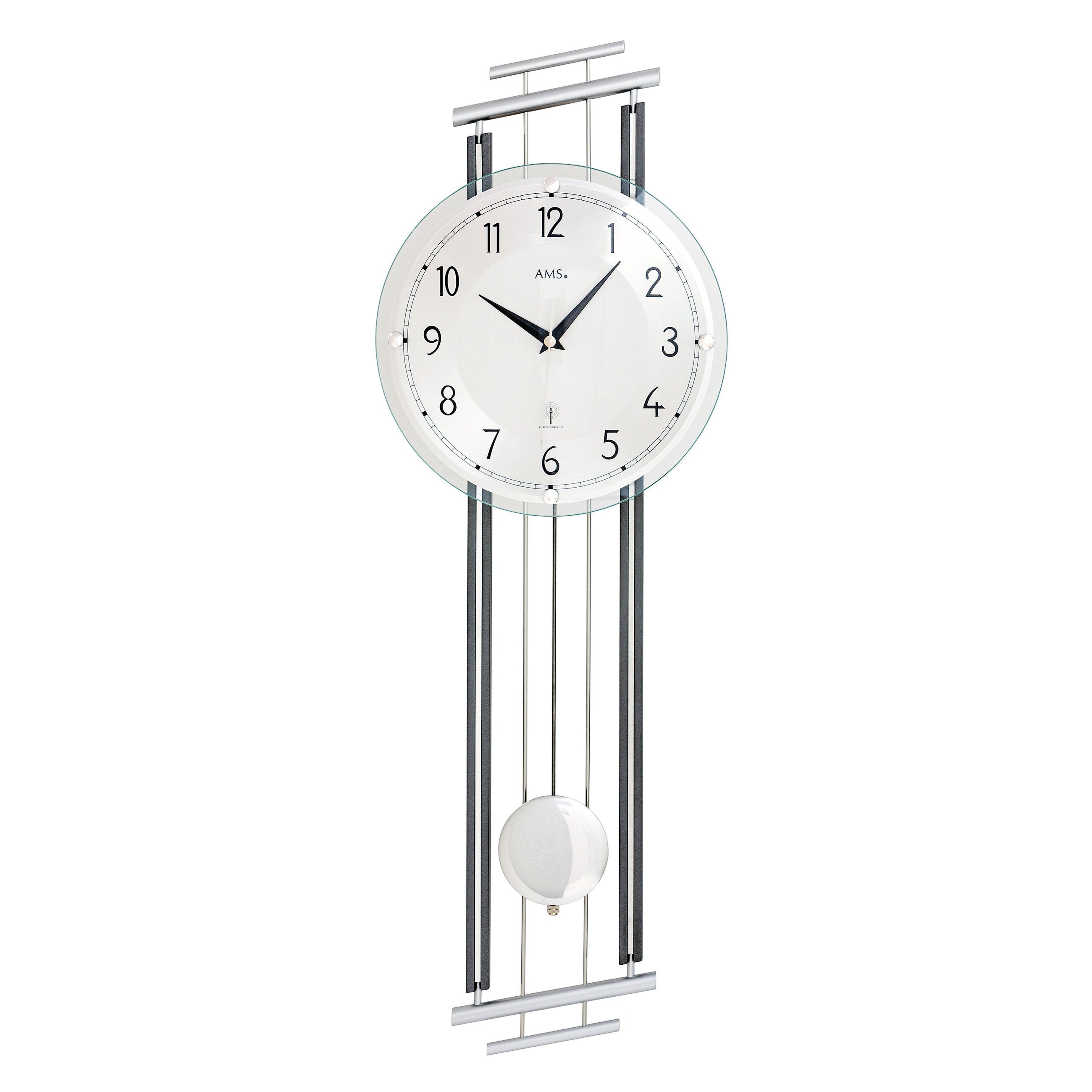 Standuhren.com 🕰️ AMS F5314 Funk-Pendelwanduhr mit modernem Metall-Holz-Gehäuse, Aluminium-Zifferblatt und gewölbtem Glas.