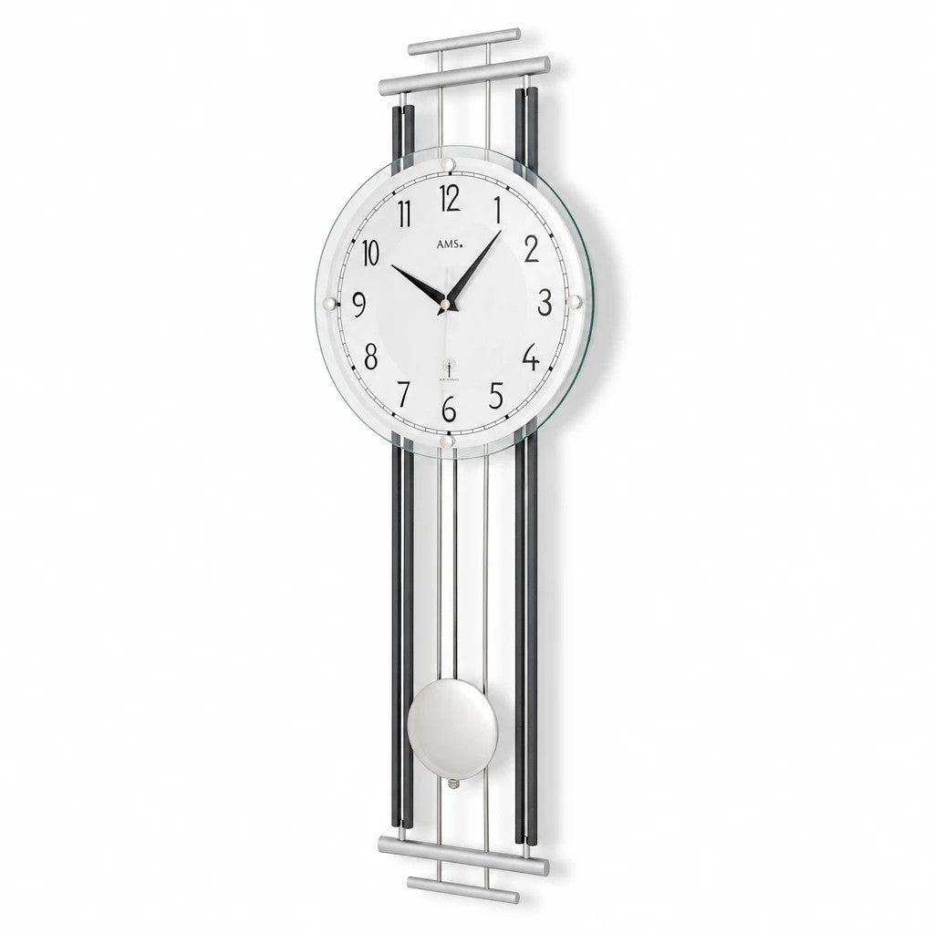 Standuhren.com 🕰️ AMS F5314 Funkwanduhr mit Pendel, Aluminium-Zifferblatt, gewölbtem Glas und Metall-Holz-Gehäuse.