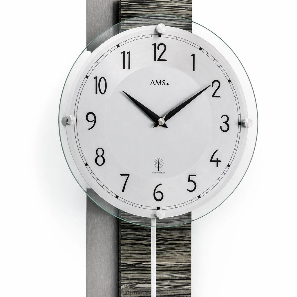 Standuhren.com 🕰️ AMS Funk-Pendelwanduhr mit Holzgehäuse in Steinoptik, Aluminium-Zifferblatt und Mineralglas