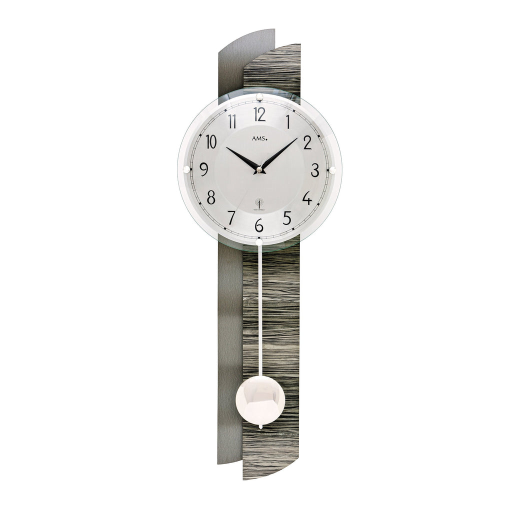 Standuhren.com 🕰️ AMS F5323 Funkwanduhr mit Pendel, Holzgehäuse in Steinoptik und Aluminium-Zifferblatt