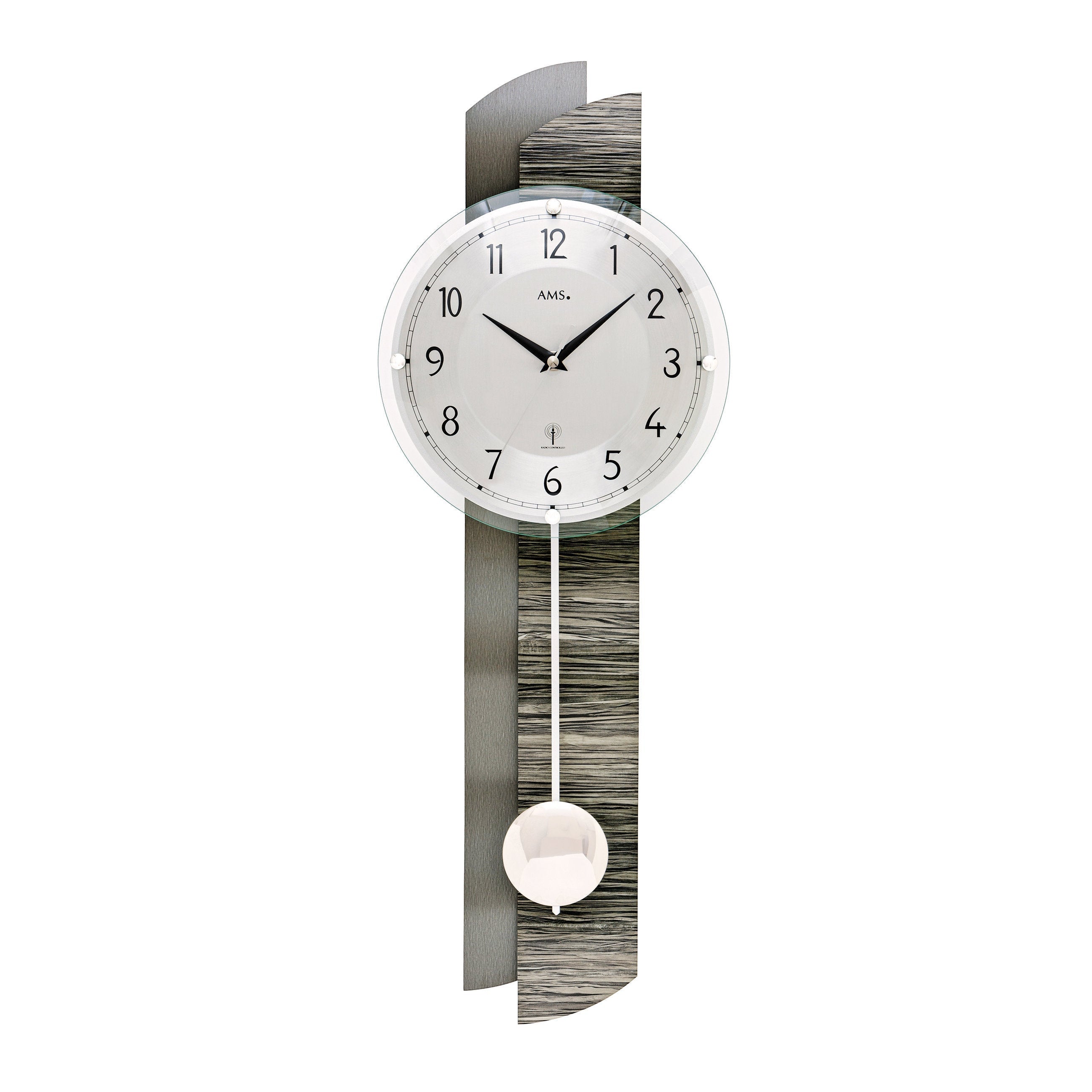 Standuhren.com 🕰️ AMS F5323 Funkwanduhr mit Pendel, Holzgehäuse in Steinoptik und Aluminium-Zifferblatt