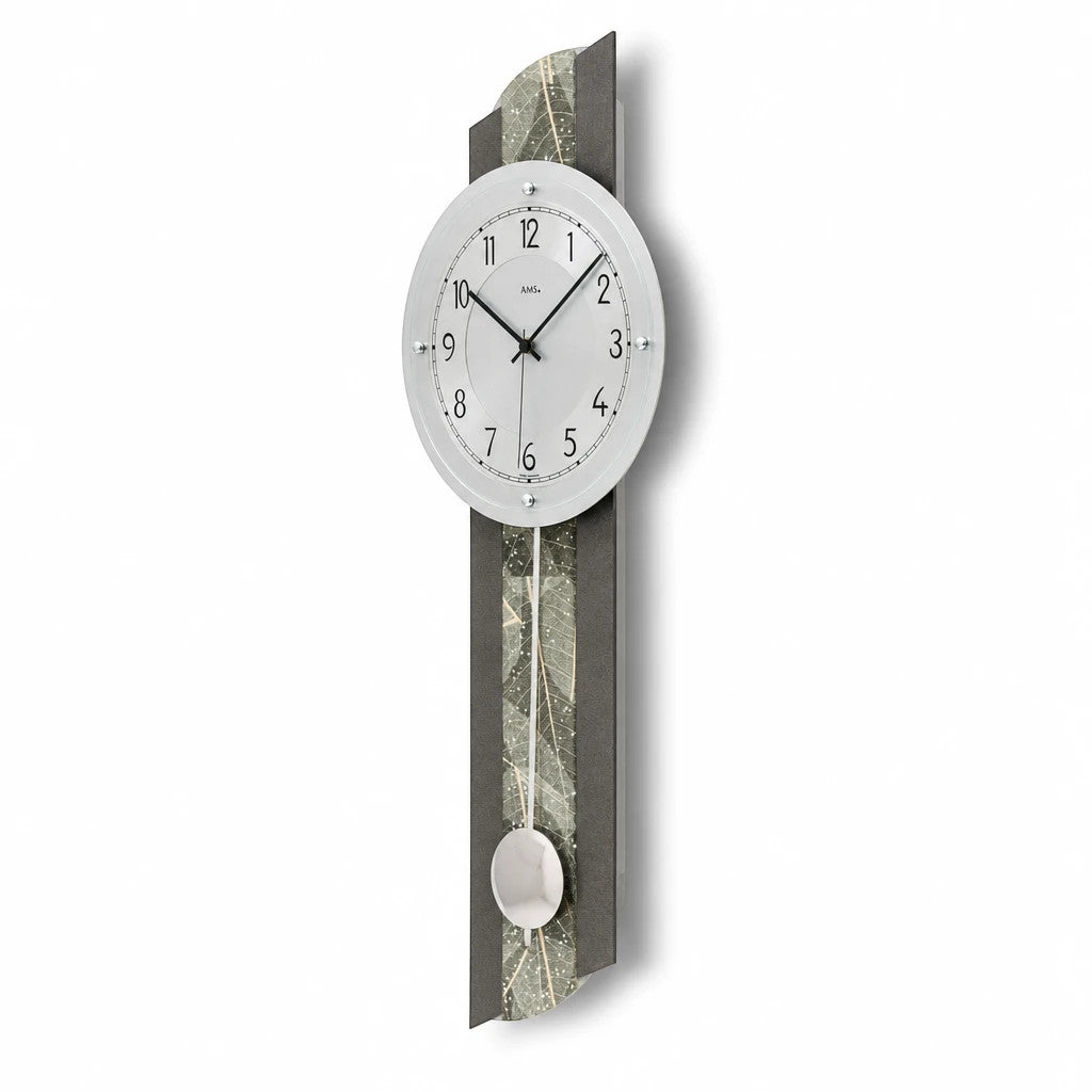 Standuhren.com 🕰️ AMS Funk-Pendelwanduhr in Anthrazit mit Natur-Baumblatteinlage, Swarovski-Kristallen und Aluminium-Zifferblatt