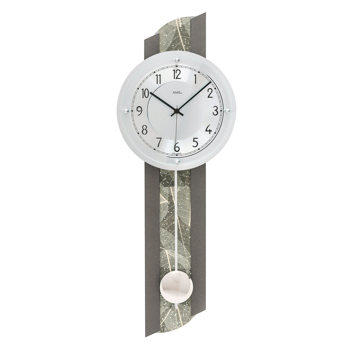 Standuhren.com 🕰️ AMS F5324 Pendel-Funkwanduhr in Anthrazit mit Natur-Baumblatteinlage und Swarovski-Kristallen