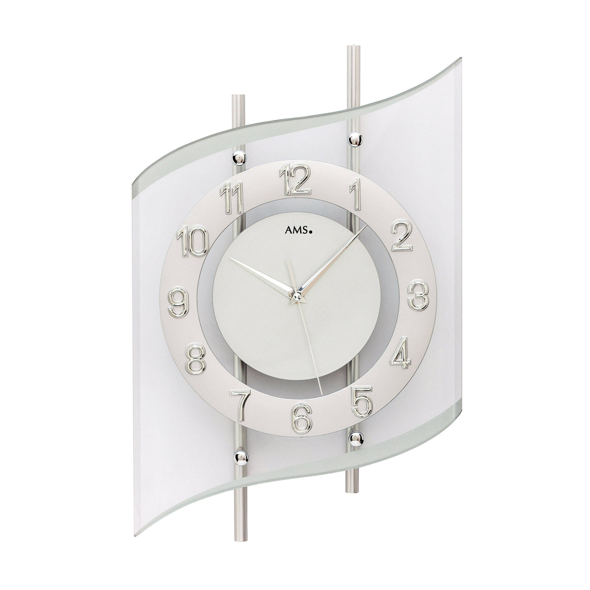 Standuhren.com 🕰️ AMS F5506 Funkwanduhr mit silberlackiertem Metallgehäuse und geschwungenem Mineralglas