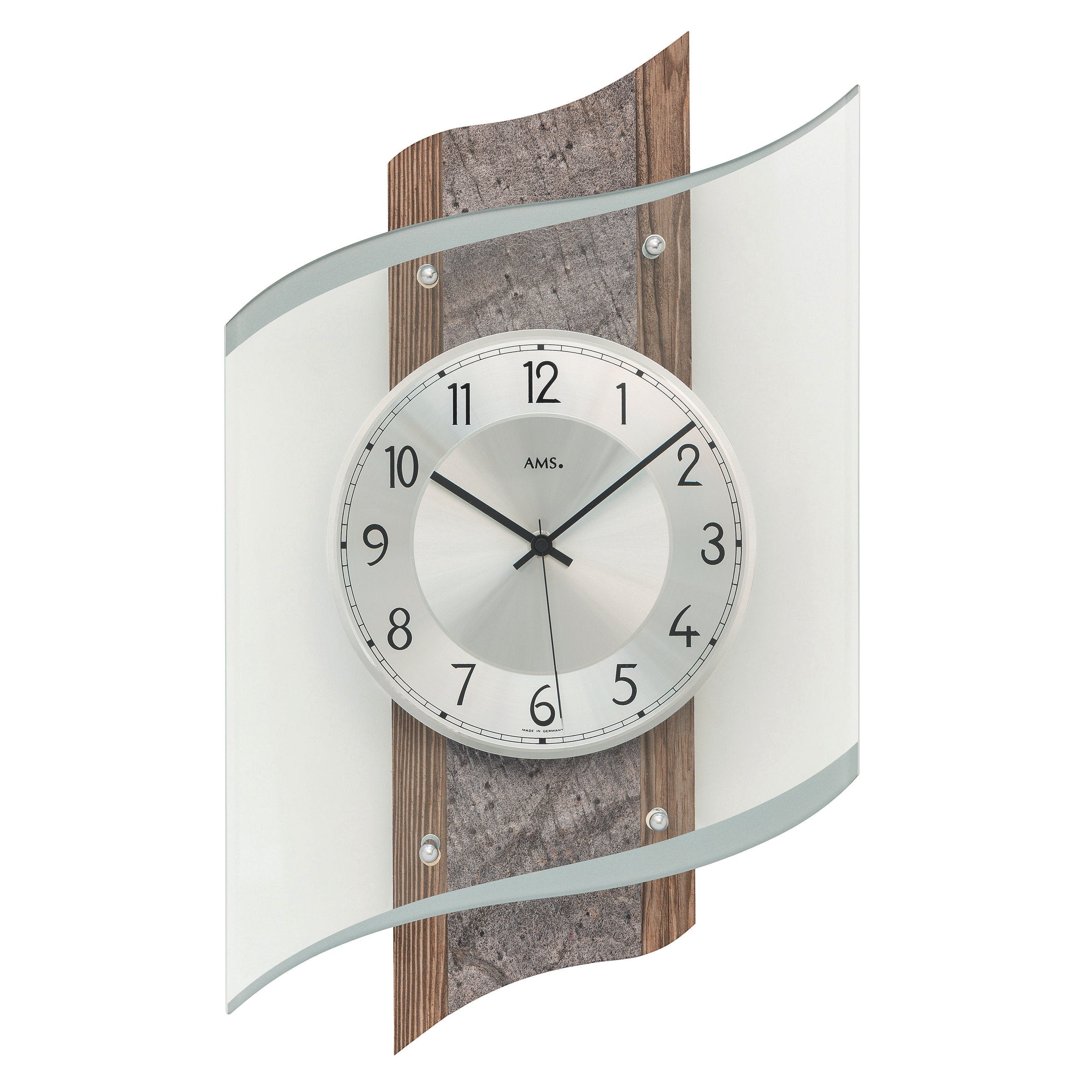 Standuhren.com 🕰️ AMS Funkwanduhr F5518 mit Nussbaumdekor, Naturstein-Elementen und geschwungenem Mineralglas.