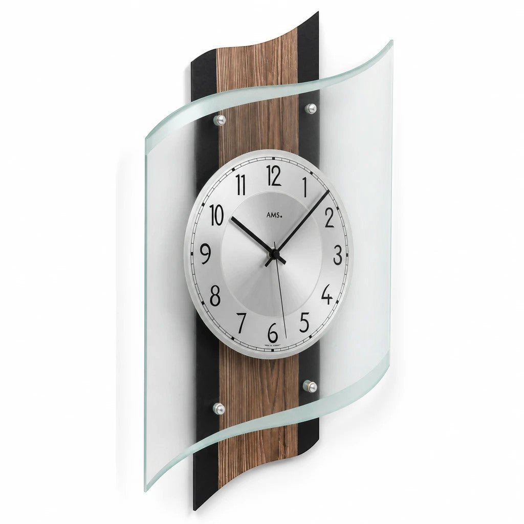 Standuhren.com 🕰️ AMS F5519 Funkwanduhr mit Holzgehäuse in Fossilstruktur, Aluminium-Zifferblatt und Mineralglas.