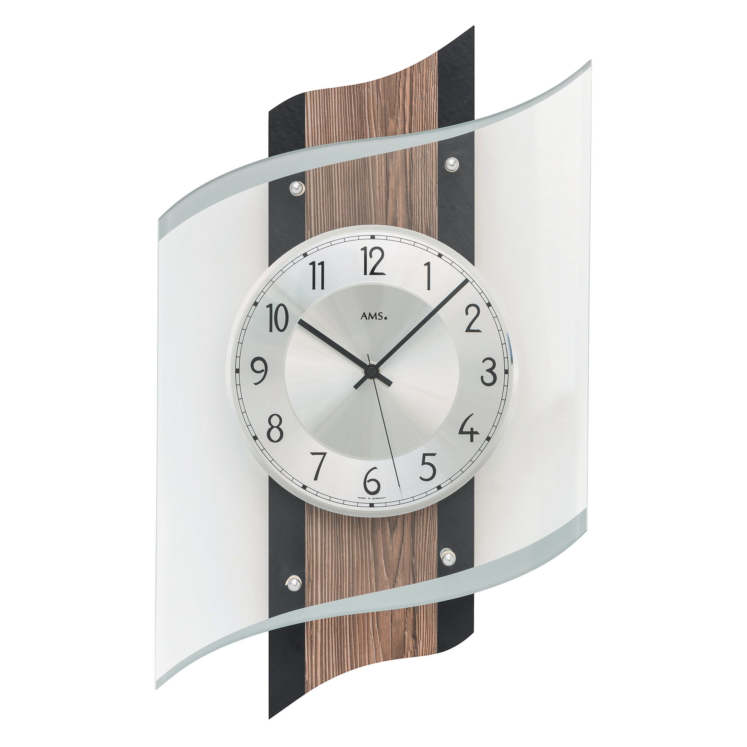 Standuhren.com 🕰️ AMS F5519 Funkwanduhr mit Holzgehäuse in Fossilstruktur, Aluminium-Zifferblatt und Mineralglas