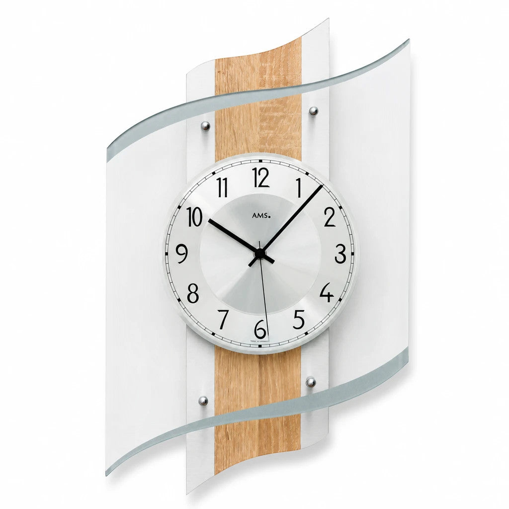 Standuhren.com 🕰️ AMS F5520 Funkwanduhr in Sonoma-Holzoptik mit Aluminium-Zifferblatt und geschwungenem Mineralglas.