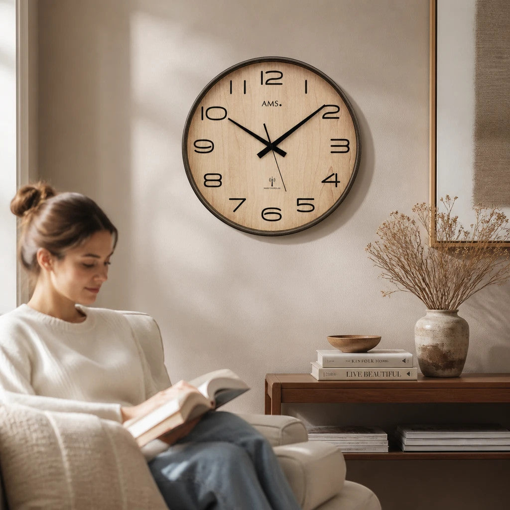 Standuhren.com 🕰️ AMS F5523 Funkwanduhr mit anthrazitfarbenem Holzgehäuse und hellem Zifferblatt in modernem Wohnraum