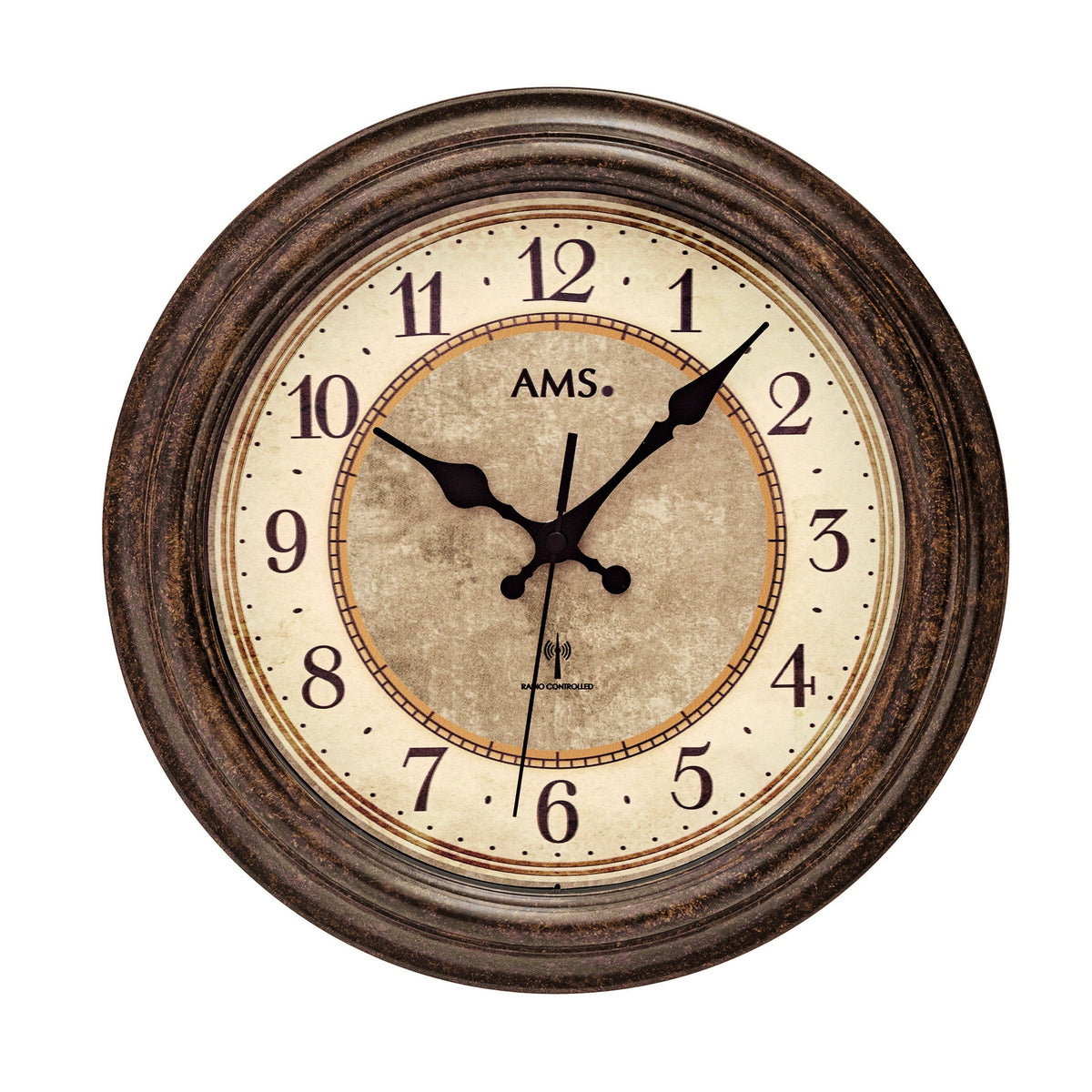 Standuhren.com 🕰️ AMS Funkwanduhr in Braun Antik mit klassischem Zifferblatt und Mineralglas
