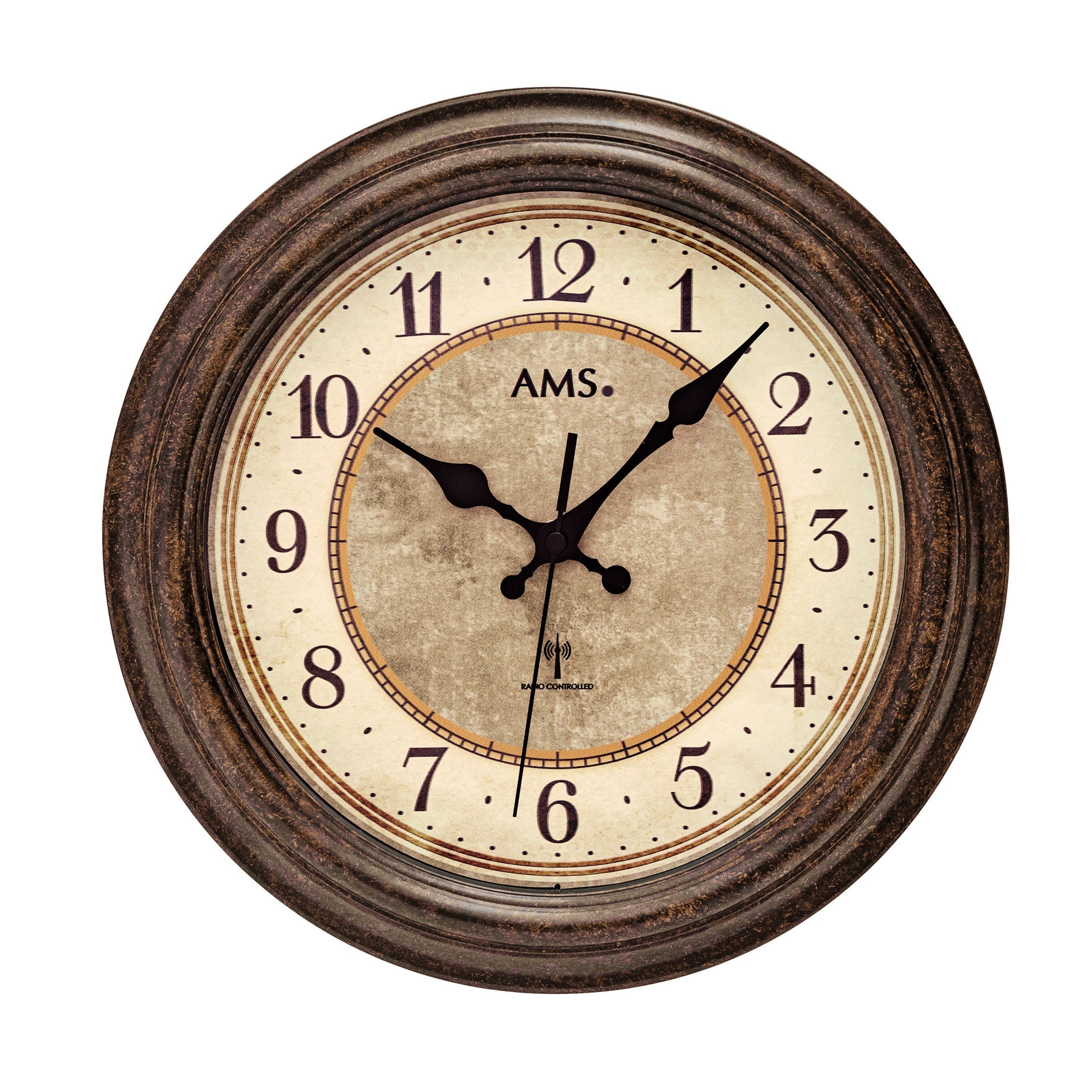 Standuhren.com 🕰️ AMS Funkwanduhr in Braun Antik mit klassischem Zifferblatt und Mineralglas
