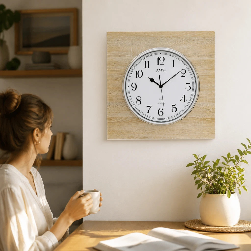 Standuhren.com 🕰️ AMS F5552 Funkwanduhr mit quadratischem Holzgehäuse in Sonoma-Optik und weißem Zifferblatt an Wand