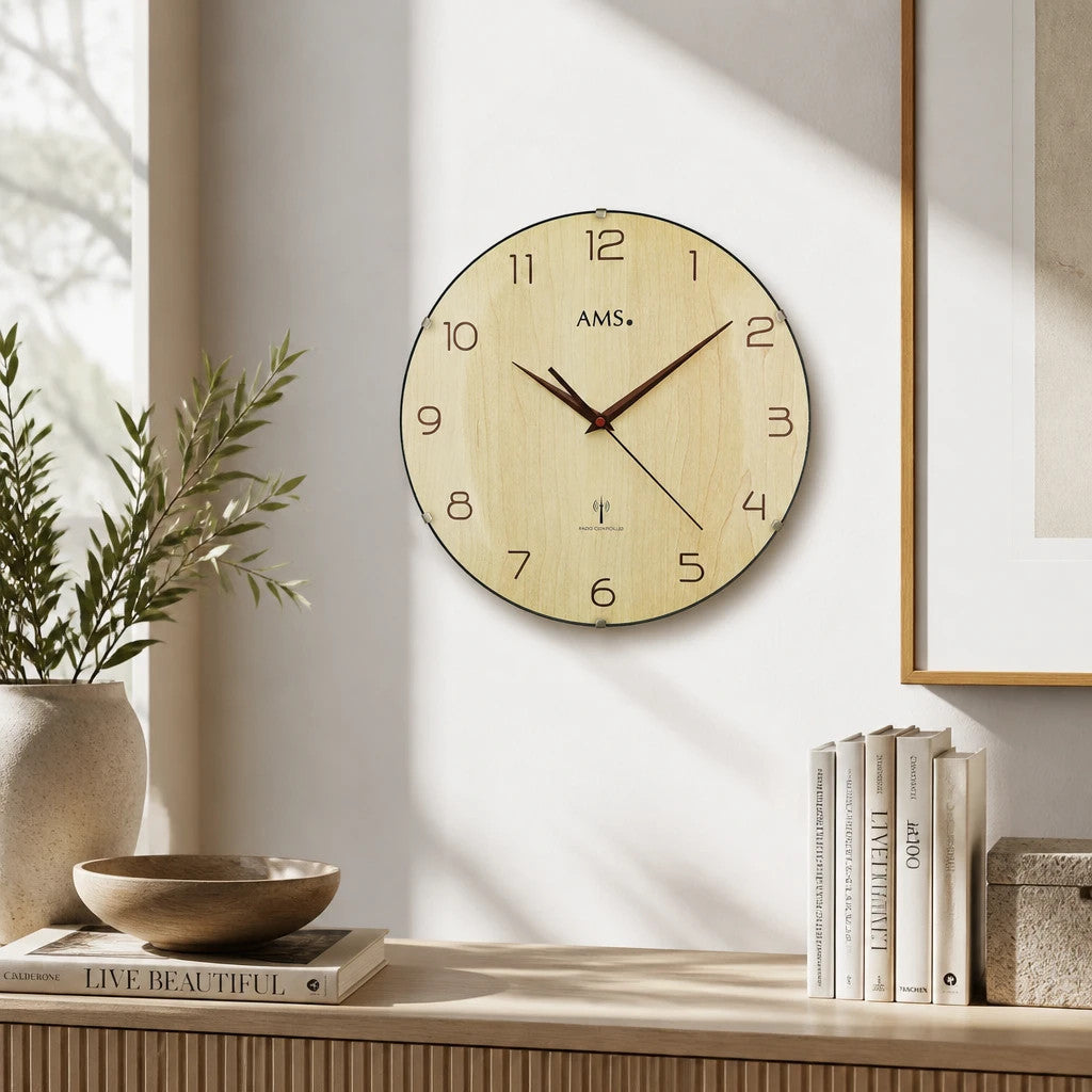 Standuhren.com 🕰️ AMS F5557 Funkwanduhr mit heller Holzoptik, gewölbtem Glas und präzisem Funkwerk an einer Wand.