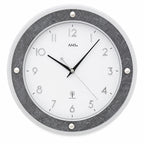 Standuhren.com 🕰️ AMS F5566 Funkwanduhr in Grau mit weißem Zifferblatt, Glasaufsatz und erhabenen Ziffern.