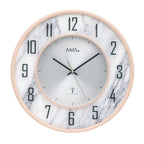 Standuhren.com 🕰️ AMS Funkwanduhr mit Marmoroptik-Gehäuse, bedrucktem Mineralglas und silbernem Aluminium-Zifferblatt.