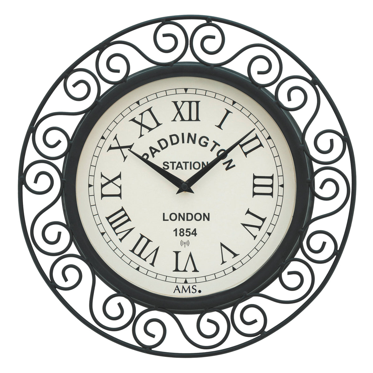 Standuhren.com 🕰️ AMS Funkwanduhr mit schwarzem Metallgehäuse im Vintage-Design für den Außenbereich