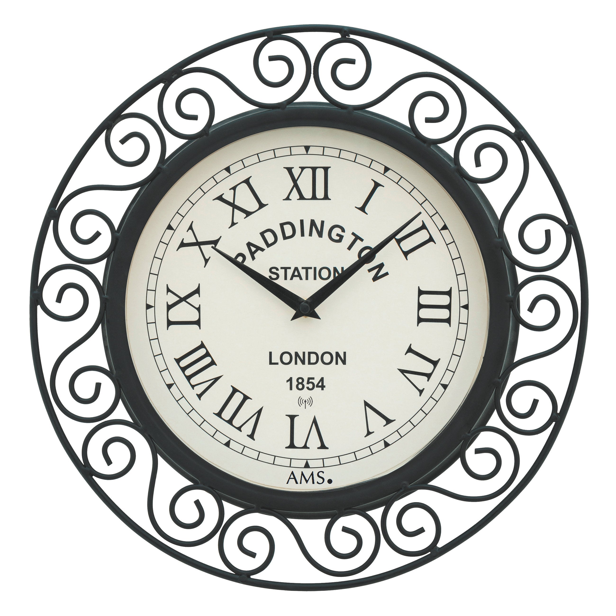Standuhren.com 🕰️ AMS Funkwanduhr mit schwarzem Metallgehäuse im Vintage-Design für den Außenbereich