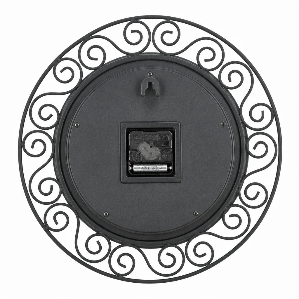 Rückseite der Standuhren.com 🕰️ Funkwanduhr AMS F5589 mit schwarzem Metallgehäuse und dekorativem Schnörkel-Design