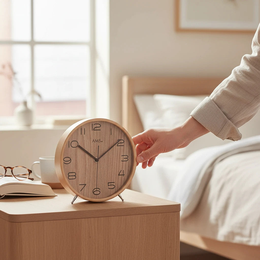 Standuhren.com 🕰️ AMS F5118 Funk-Tischuhr aus hellem Holz mit Mineralglas auf einem Nachttisch im Schlafzimmer