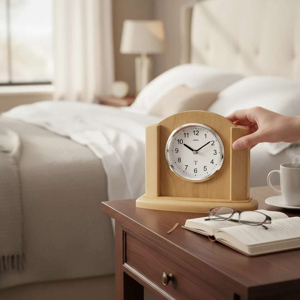 Standuhren.com 🕰️ Funk-Tischuhr aus hellem Buchen-Massivholz mit silbernem Aluminium-Frontreif auf einem Nachttisch