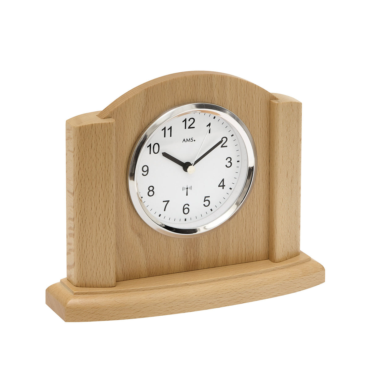 Standuhren.com 🕰️ Funk-Tischuhr aus hellem Buchen-Massivholz mit silbernem Aluminium-Frontreif und klarem Zifferblatt