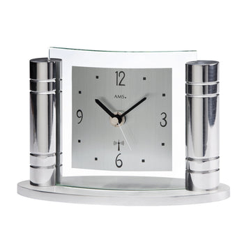 Standuhren.com 🕰️ AMS F5130 Funk-Tischuhr mit silbernem Metallgehäuse, Aluminium-Zifferblatt und gebogenem Mineralglas