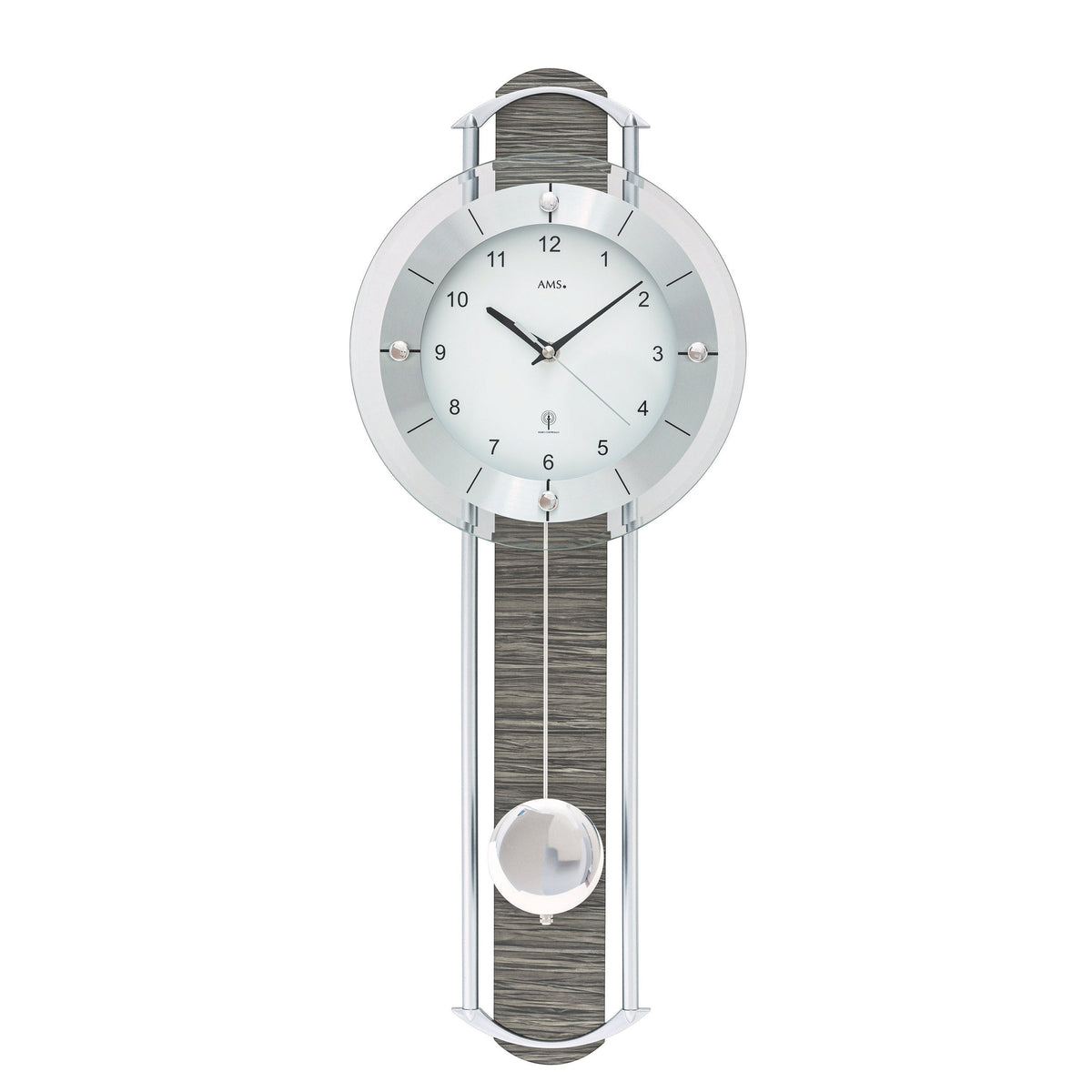 Standuhren.com 🕰️ AMS F5304 Funk-Pendelwanduhr mit Metallstäben, Holzstruktur-Einlage und weißem Zifferblatt