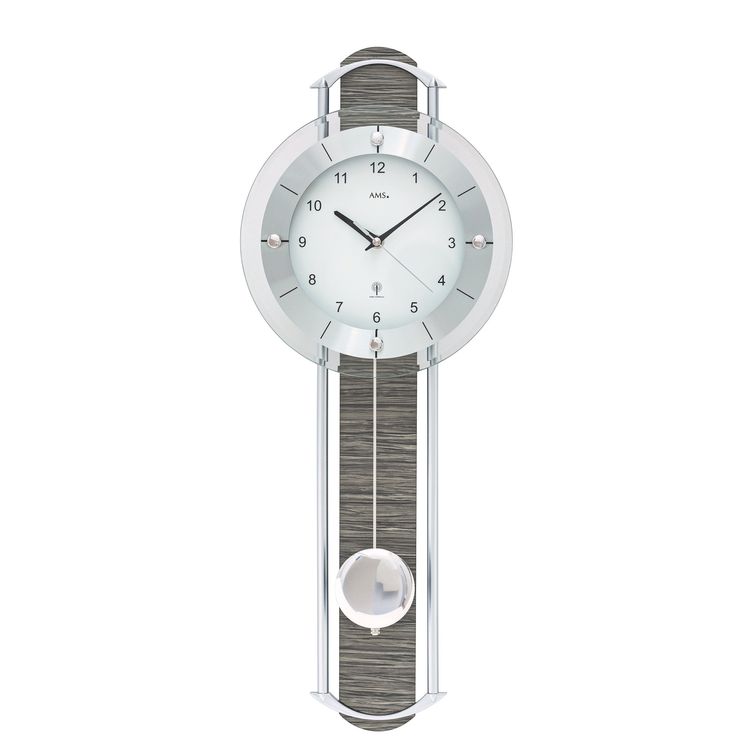 Standuhren.com 🕰️ AMS F5304 Funk-Pendelwanduhr mit Metallstäben, Holzstruktur-Einlage und weißem Zifferblatt