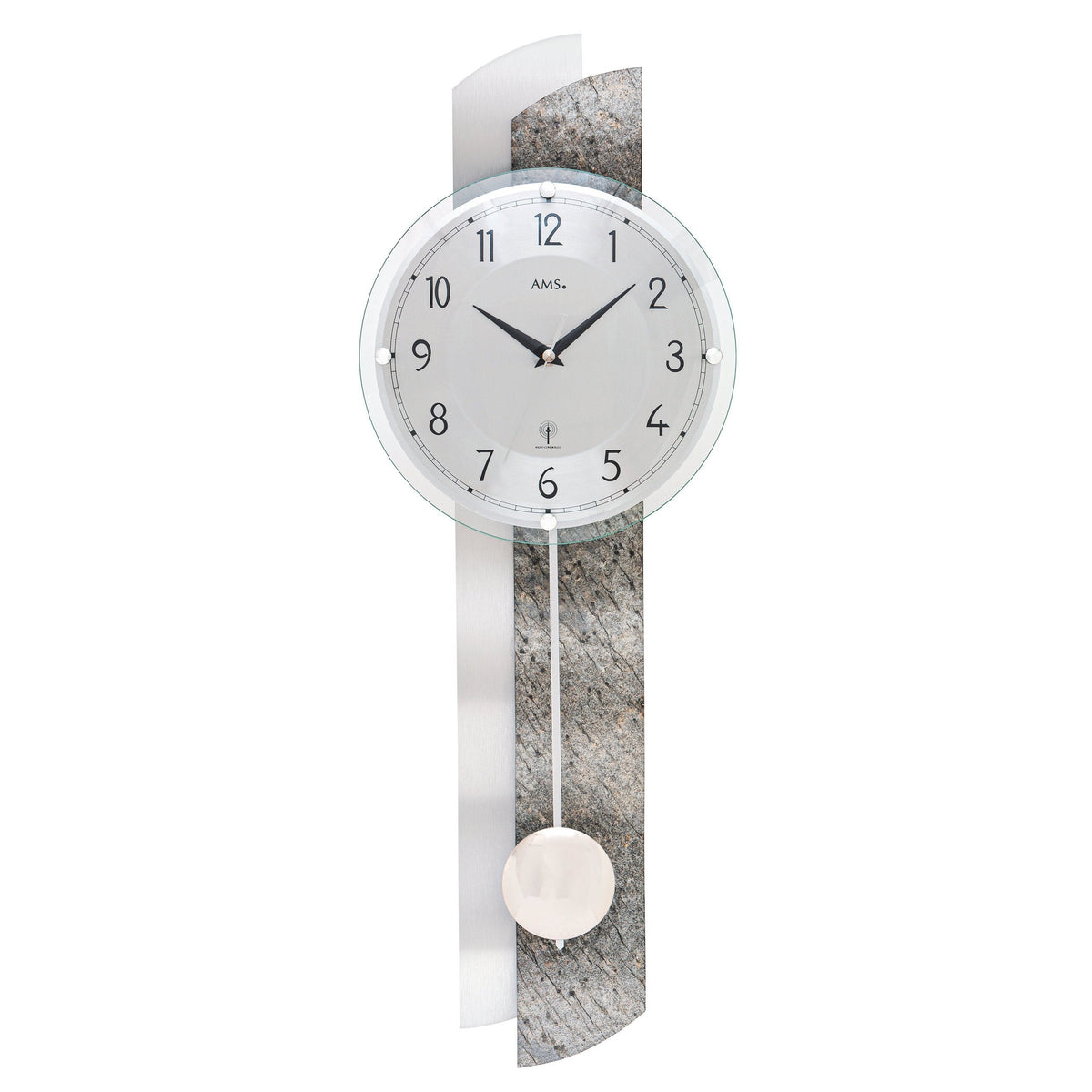 Standuhren.com 🕰️ AMS F5322 Funk-Pendelwanduhr mit silbernem Holzgehäuse, Aluminium-Zifferblatt und Mineralglas.