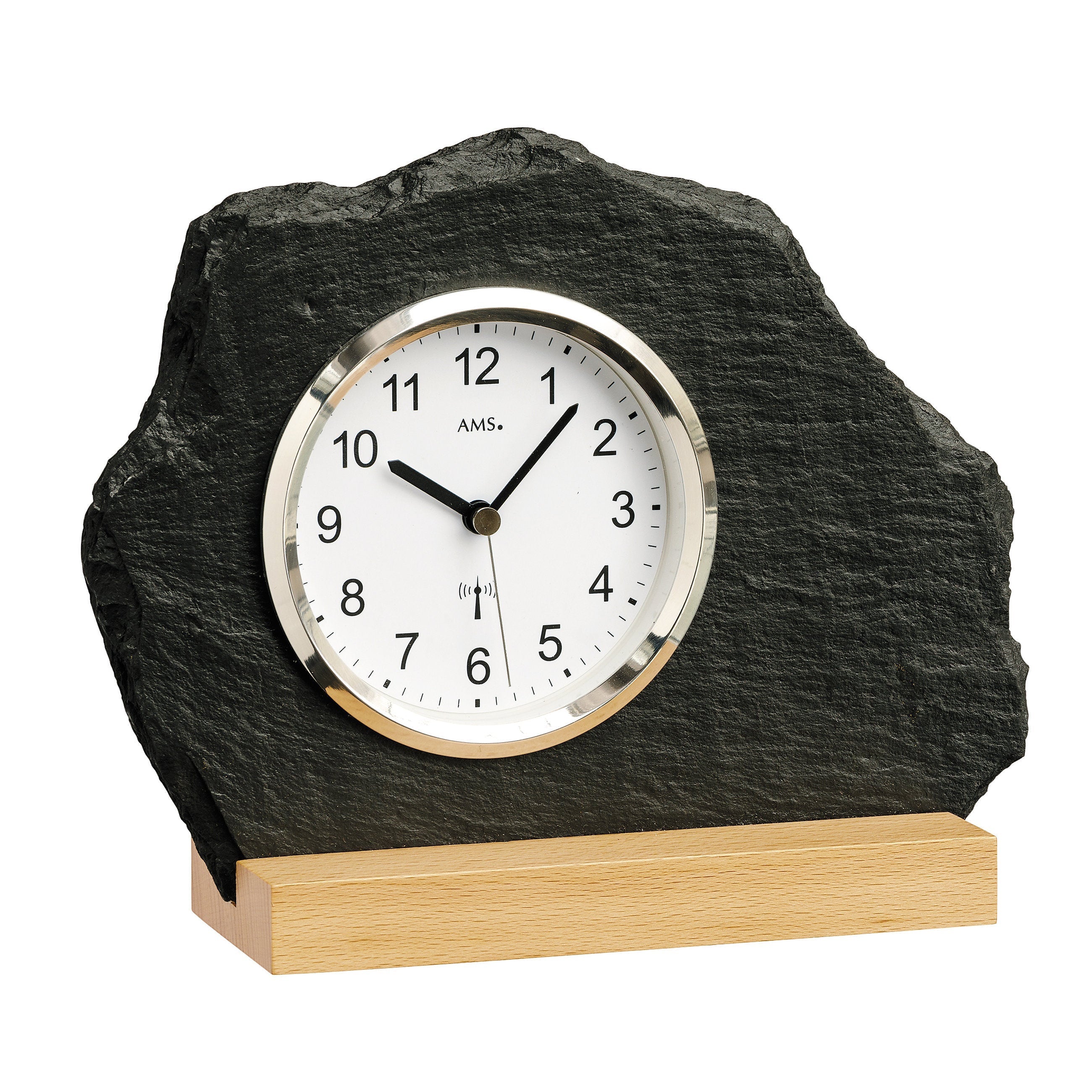 Standuhren.com 🕰️ AMS F5114 Funk-Tischuhr aus Naturschiefer mit hellem Holzsockel und silbernem Frontring