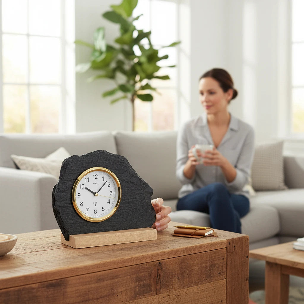 Standuhren.com 🕰️ Funk-Tischuhr AMS F5115 aus Naturschiefer mit Holzsockel und elegantem goldenen Frontring auf Tisch
