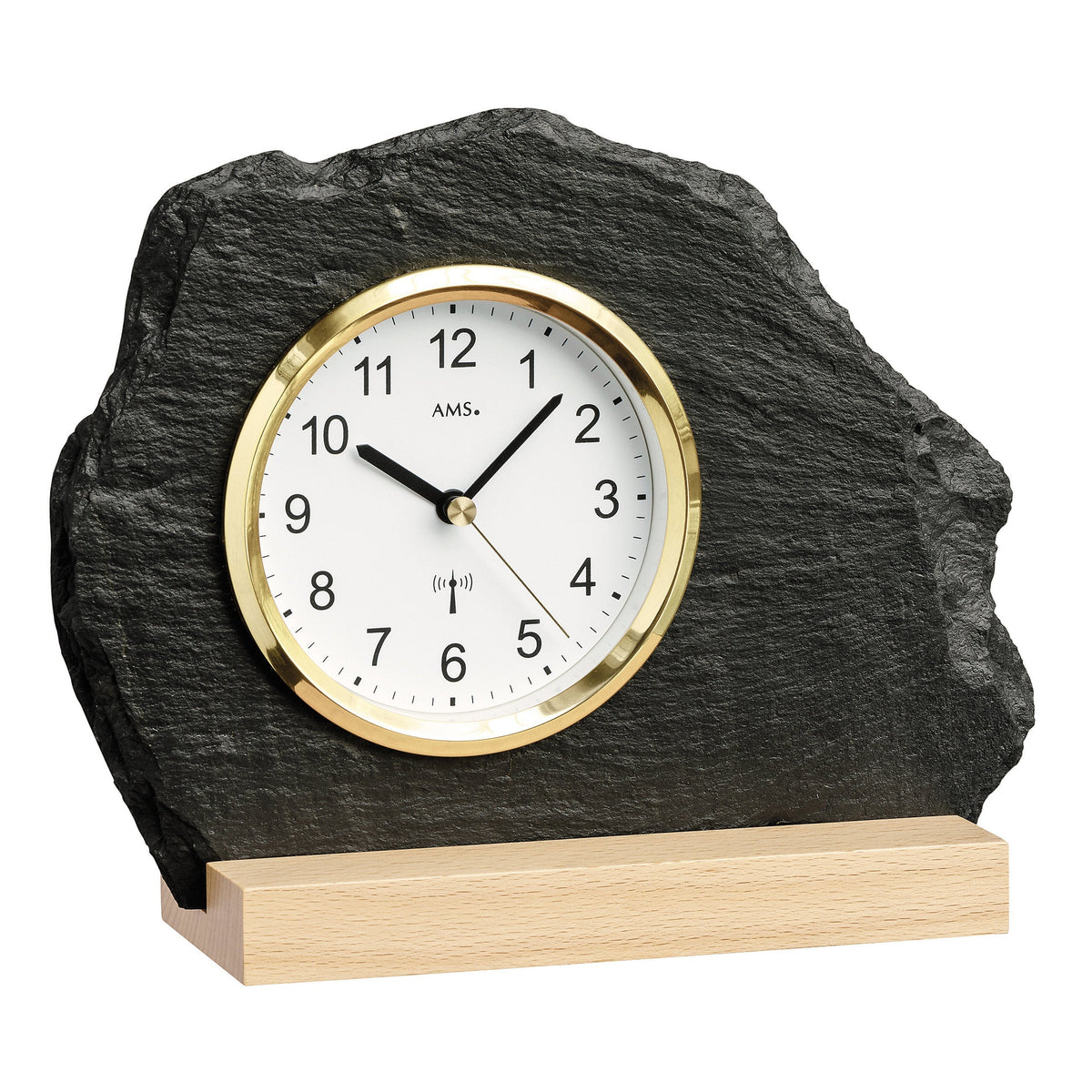 Standuhren.com 🕰️ AMS F5115 Funk-Tischuhr aus Naturschiefer mit hellem Holzsockel und goldenem Frontring