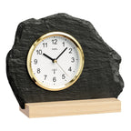 Standuhren.com 🕰️ AMS F5115 Funk-Tischuhr aus Naturschiefer mit hellem Holzsockel und goldenem Frontring