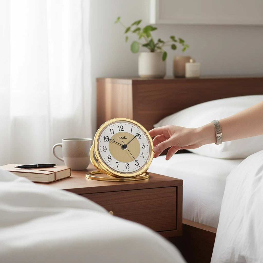 Standuhren.com 🕰️ AMS F5179 Funk-Tischuhr aus Aluminium in Gold-Silber-Optik auf einem Nachttisch im Schlafzimmer