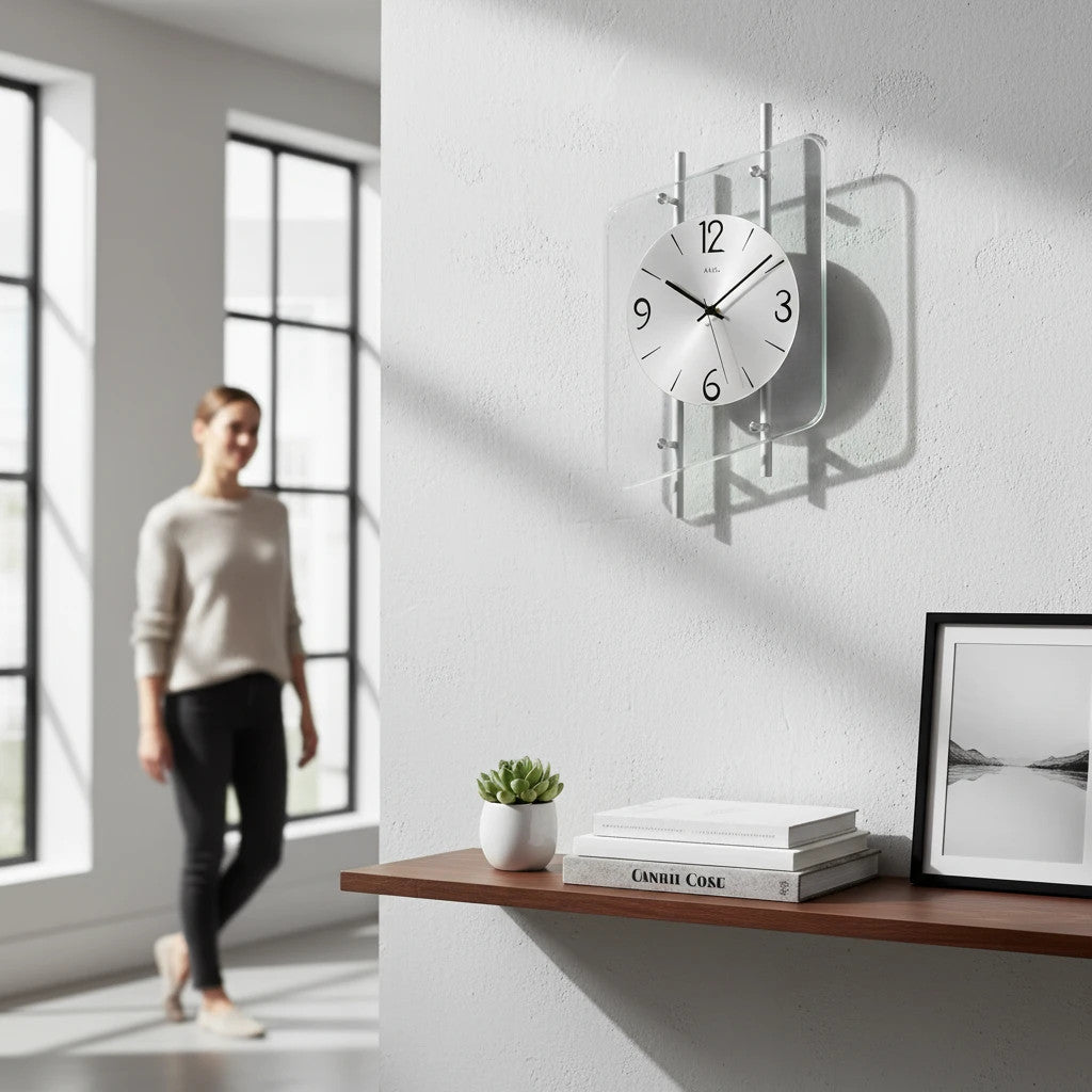 Standuhren.com 🕰️ AMS F5582 Funkwanduhr mit silbernen Metallstäben und modernem Aluminium-Zifferblatt an einer Wand