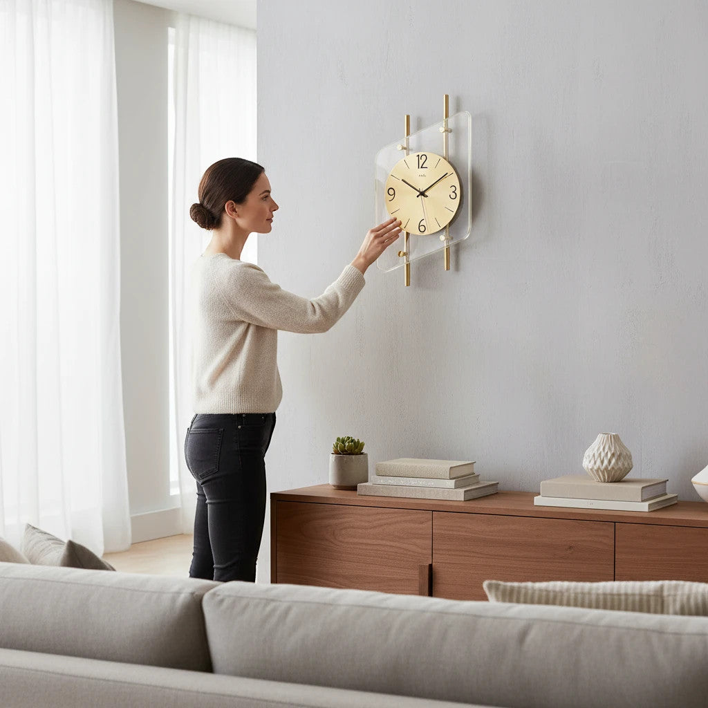 Standuhren.com 🕰️ Funkwanduhr AMS F5583 mit messinglackierten Metallstäben und Aluminium-Zifferblatt an einer Wand