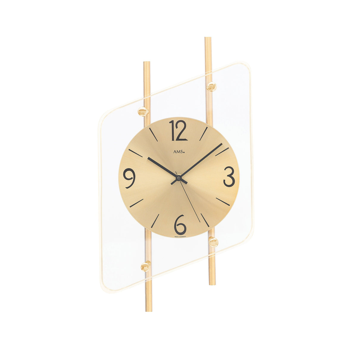 Standuhren.com 🕰️ Funkwanduhr AMS F5583 mit messinglackierten Metallstäben, Aluminium-Zifferblatt und Rauten-Glasdesign.
